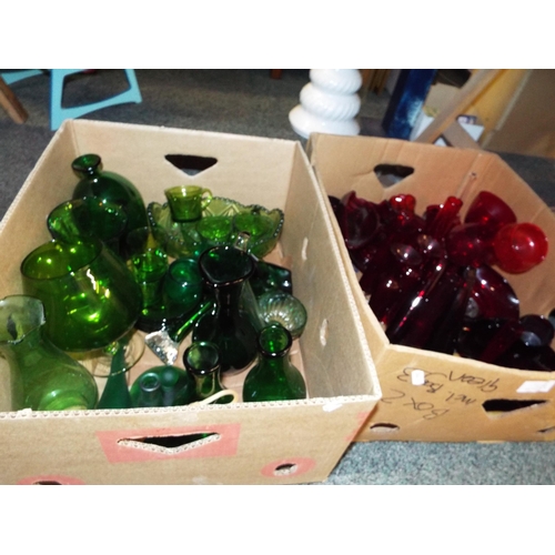 364 - Two boxes of assorted green, red and ruby glass to include vases, bowls and glasses