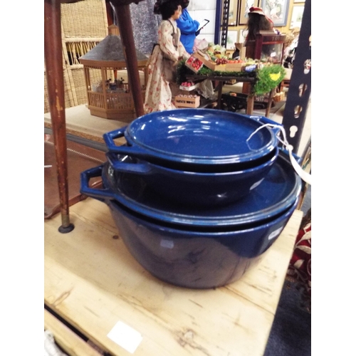 482 - Two Le Crueset style blue casserole dishes