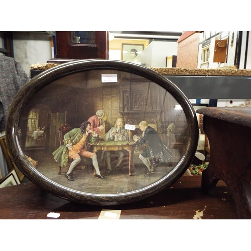 483 - A vintage dolls footstool and a pair of oval classical prints