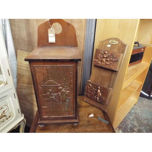 511 - A stained wood bread box having copper panel together with a letter rack