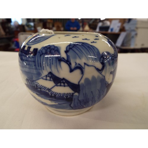 20 - A blue and white Chinese brush pot, with figures etc