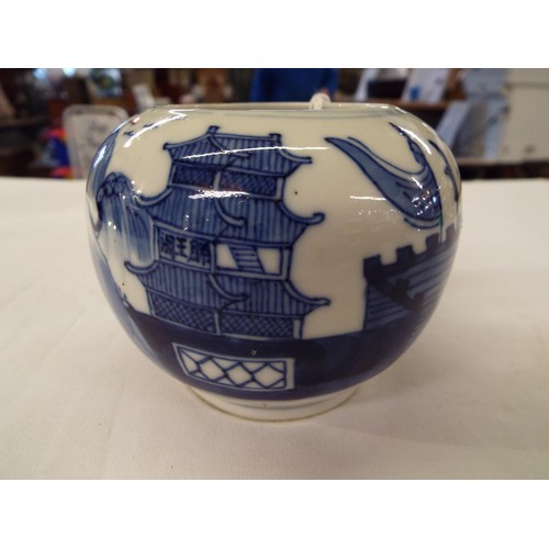 20 - A blue and white Chinese brush pot, with figures etc