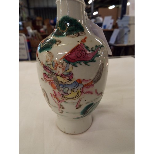 24 - A Chinese famille verte vase with hunters, horses etc with red seal mark 7 3/4