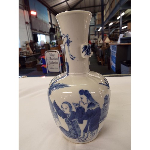 44 - A blue and white Chinese vase with figures etc with four blue character marks to base