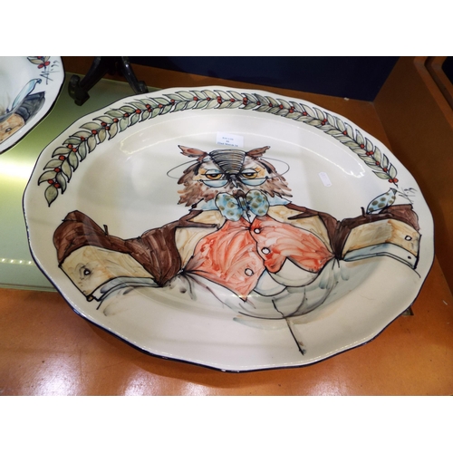 66 - An Iden Pottery meat platter with hand-painted Beatrix Potter owl decoration 'Old Brown' signed Mick... 