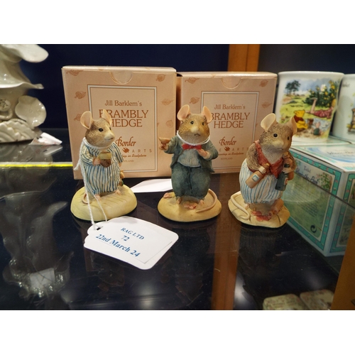 72 - Three miniature Jill Barklem's Bramley Hedge figurines 'Teasel', 'Mr Apple', and 'Basil With Bottles... 