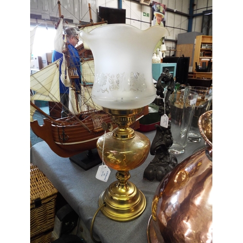 336 - A brass and glass oil lamp converted to electric