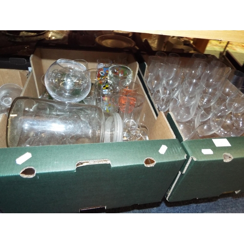 342 - Two boxes of assorted glass-ware to include wine glasses, tumblers