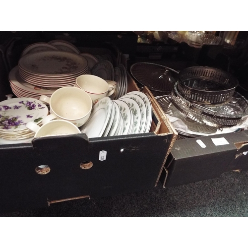 344 - A mixed selection of china table-ware and metal and glass food dishes in two boxes