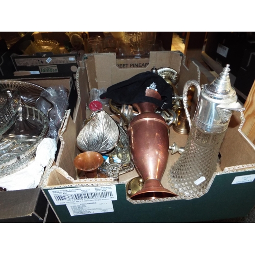 345 - A box of assorted copper, plated and brass ware