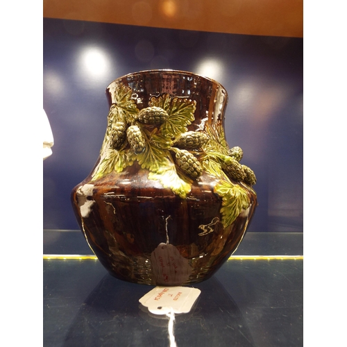 A circa 1900s Rye Pottery brown glazed vase having applied hop and vine ...