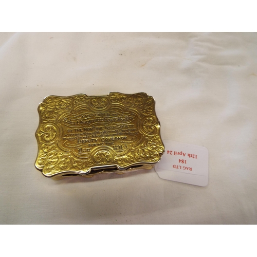 184 - A silver gilt snuff box presented to Robert Hargreaves Rogers by The Hon -The Irish Society Deputy G... 