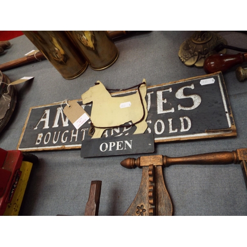 287 - A vintage Antiques shop sign together with an open and close sign in the form of a dog