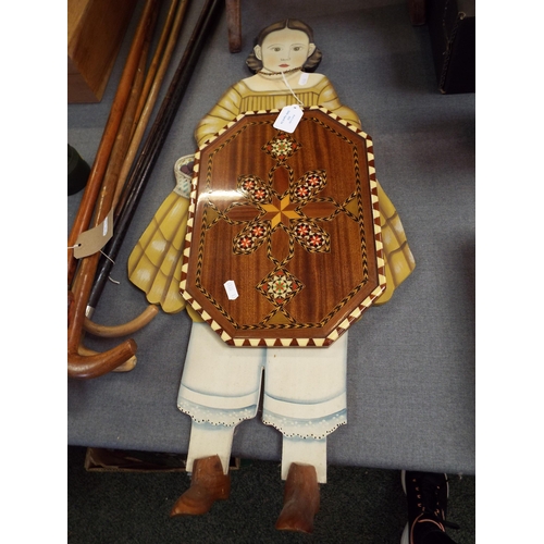 353 - A folk art dummy board together with marquetry and parquetry inlaid tray