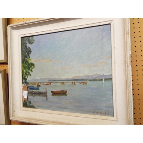 504 - A framed oil painting on canvas depicting a lake scene with boats etc, signed A. L. Roche