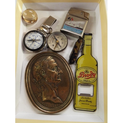 182 - A mixed selection of items to include bottle opener, compasses, lighter, watches, penknife etc