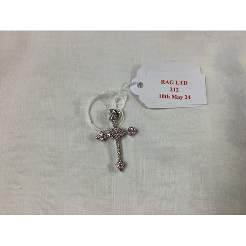 212 - A 9ct white gold cross inset with white and pink stones