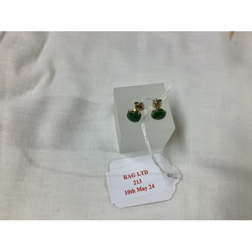 213 - A pair of 14ct gold earrings inset with jade stone