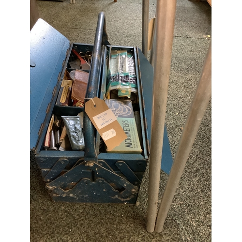 617 - A cantilever blue tool box and a selection of saw blades, micrometer, drill bits, router bits