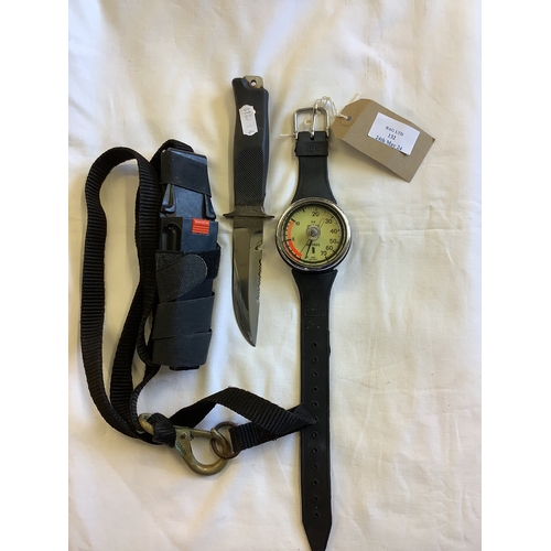 132 - A divers knife and wrist pressure gauge