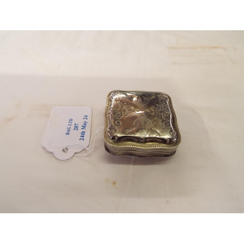 207 - A continental silver pill box with engraved decoration