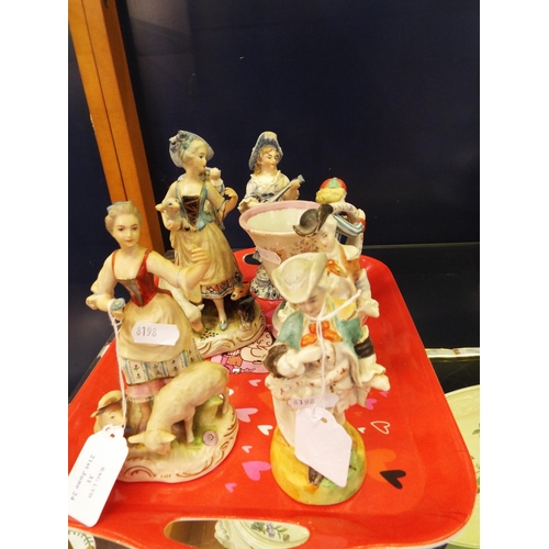 31 - Seven Continental porcelain figurines to include a boy playing horn etc some A/F