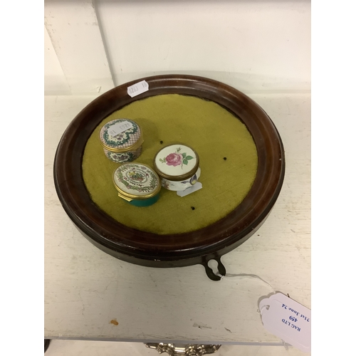 459 - Three Bilston enamel pill pots and a vintage circular frame