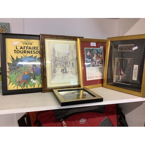 464 - Five framed and glazed pictures, film cell and collectable stamp to include Harry Potter, Winnie the... 