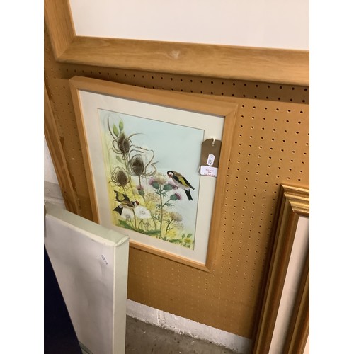 394 - A mounted framed and glazed watercolour depicting 'Goldfinch & Teasels', signed lower left Louisa Sa... 