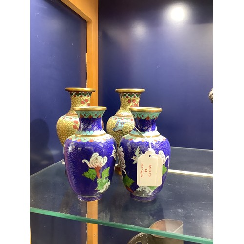 14 - Two pairs of cloisonné blue and yellow ground enamelled vases having floral decoration