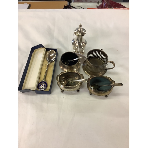 200 - Three silver salts, pepper pot, tea-spoon and three salt spoons