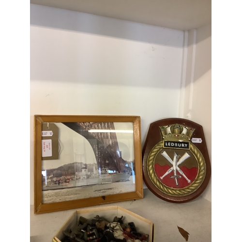 425 - A framed photograph of HMS Ledbury together with a hand-painted plaque