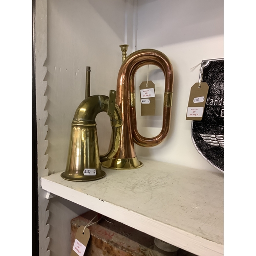 440 - A copper bugle together with a brass car horn