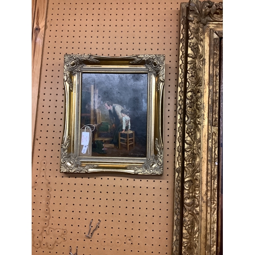 477 - An E Lawson oil on board depicting artist admiring his work housed in a gilt frame signed lower righ... 