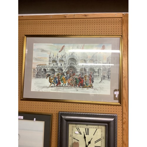 478 - A mounted framed and glazed pen and ink watercolour depicting a Venetian Carnival scene, signed lowe... 