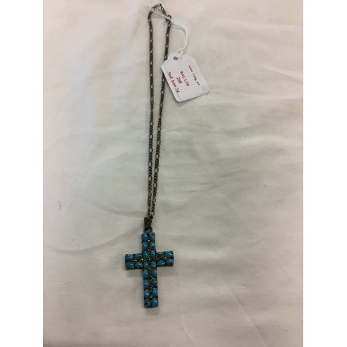 268 - A vintage 925 silver necklace and cross pendant inset with turquoise and marcasite