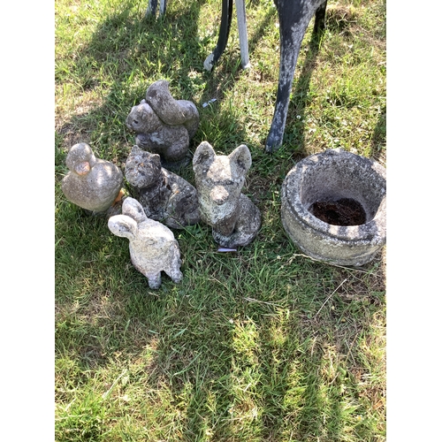 301 - Five concrete garden ornaments and a water bowl