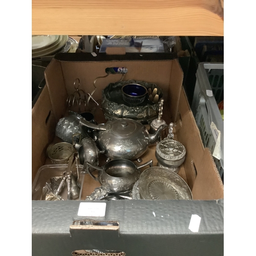 391 - A box of assorted silver-plate to include tea-set, cruets, table centre piece etc