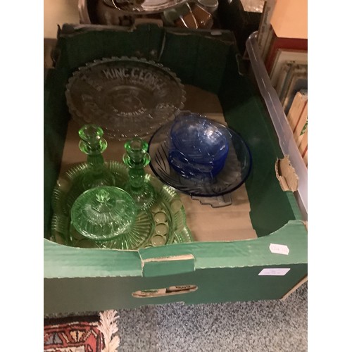 396 - A selection of assorted coloured glass to include Commemorative plates, dressing table set etc