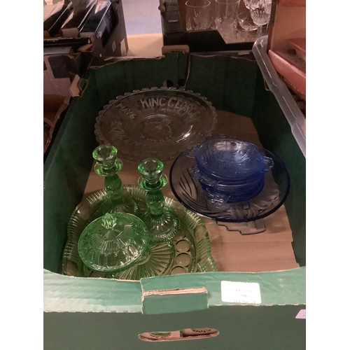 396 - A selection of assorted coloured glass to include Commemorative plates, dressing table set etc