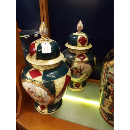 62 - A pair of lidded ginger jars with Kaufman decorated pictorial panels (chip to one rim) 12