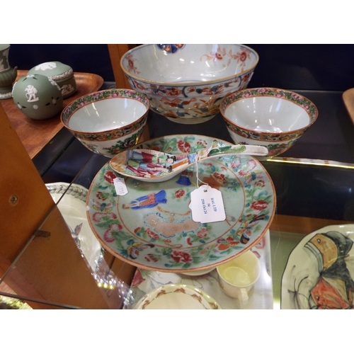 54 - A pair of Chinese famille rose bowls, a large blue and red floral decorated Chinese bowl A/F togethe... 