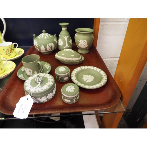 97 - A selection of sage green Wedgwood Jasper ware items to include vases, lidded pots etc