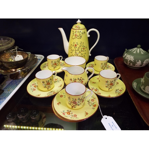 98 - A Copeland Spode yellow floral decorated coffee set comprising coffee pot, cups, saucers, milk jug, ... 