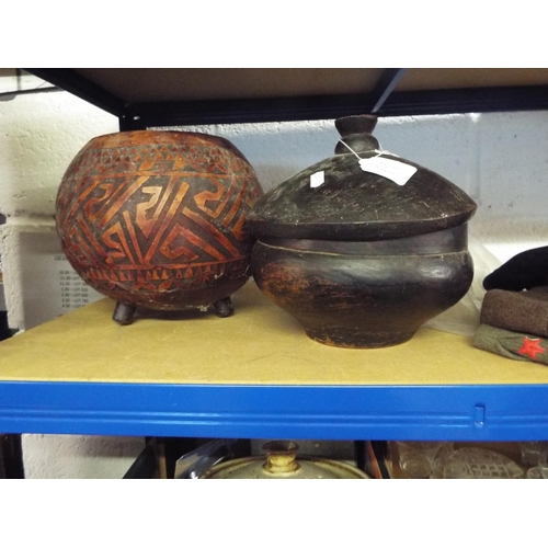 307 - A hand carved coconut bowl and lidded pot