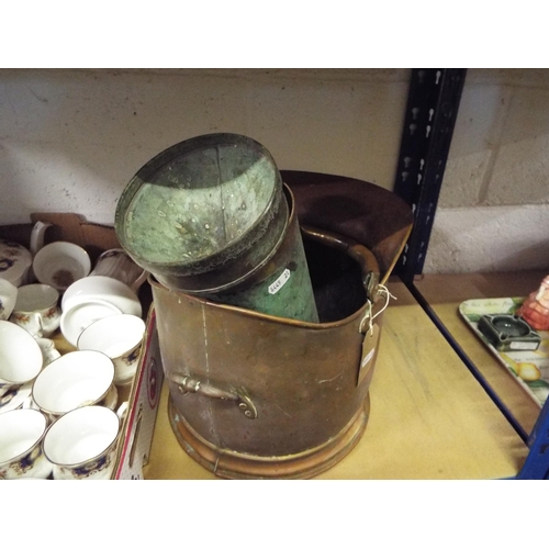 311 - A brass coal bucket together with a copper rain gauge