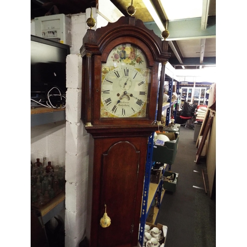 313 - A Victorian oak case Grandfather clock with the hand-painted dial having floral spangles with second... 