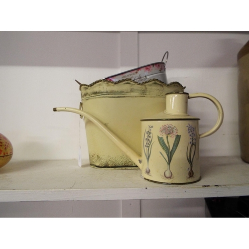 316 - Two tin planters and watering can and a lidded container