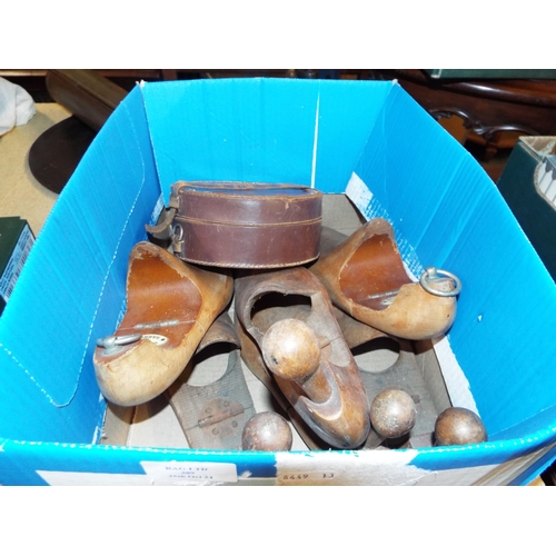 389 - A leather collar box with collars together with three pairs of vintage wooden shoe treens