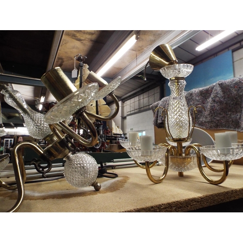 400 - Two brass and glass five branch chandeliers